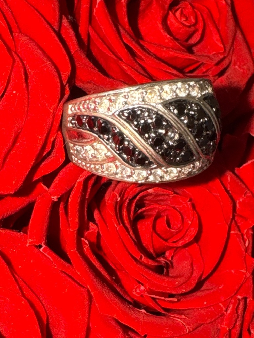 Sterling Silver 925 Black & White diamond Statement Ring Wide Band Cocktail Ring - Picture 4 of 11